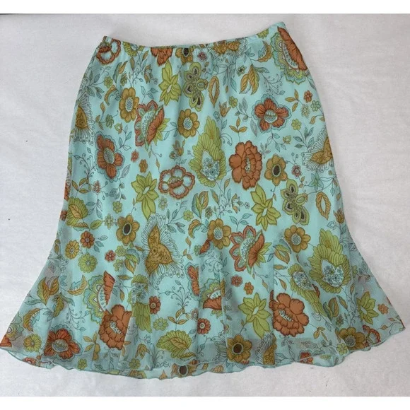 Vintage Y2K Skirt Lined Floral Aqua 70s-inspired A-Line Flowy Lightweight Large - Picture 4 of 6